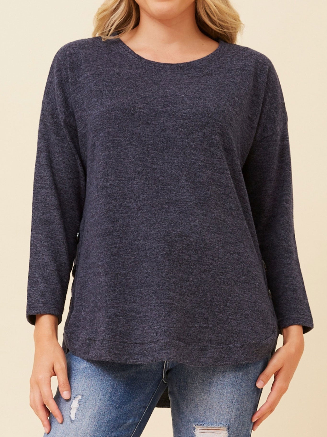 CAROLINE K MORGAN BUTTON DETAIL CURVED HEM TOP