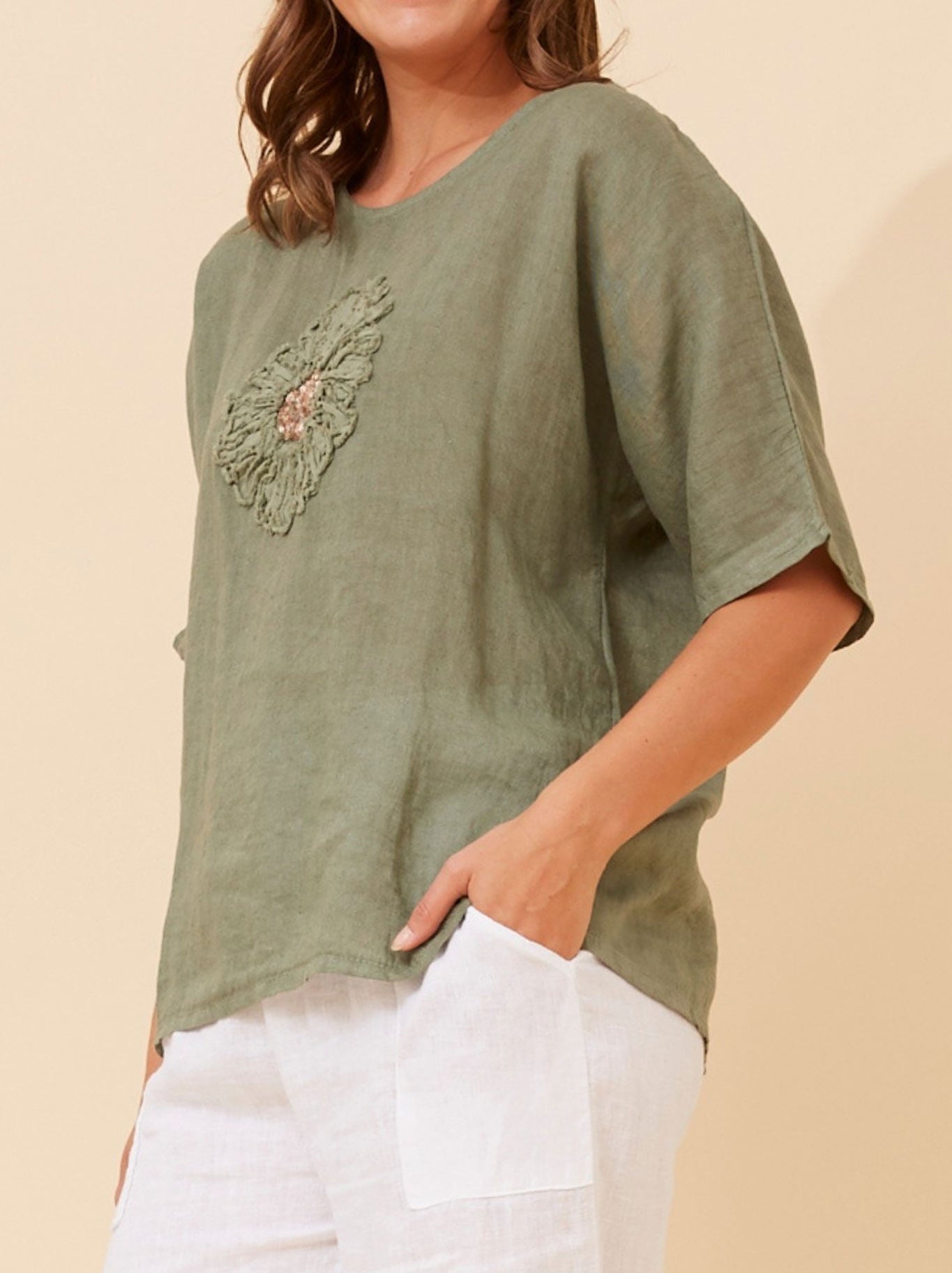 BOTTEGA MODA FLORAL LINEN PATCHWORK TOP