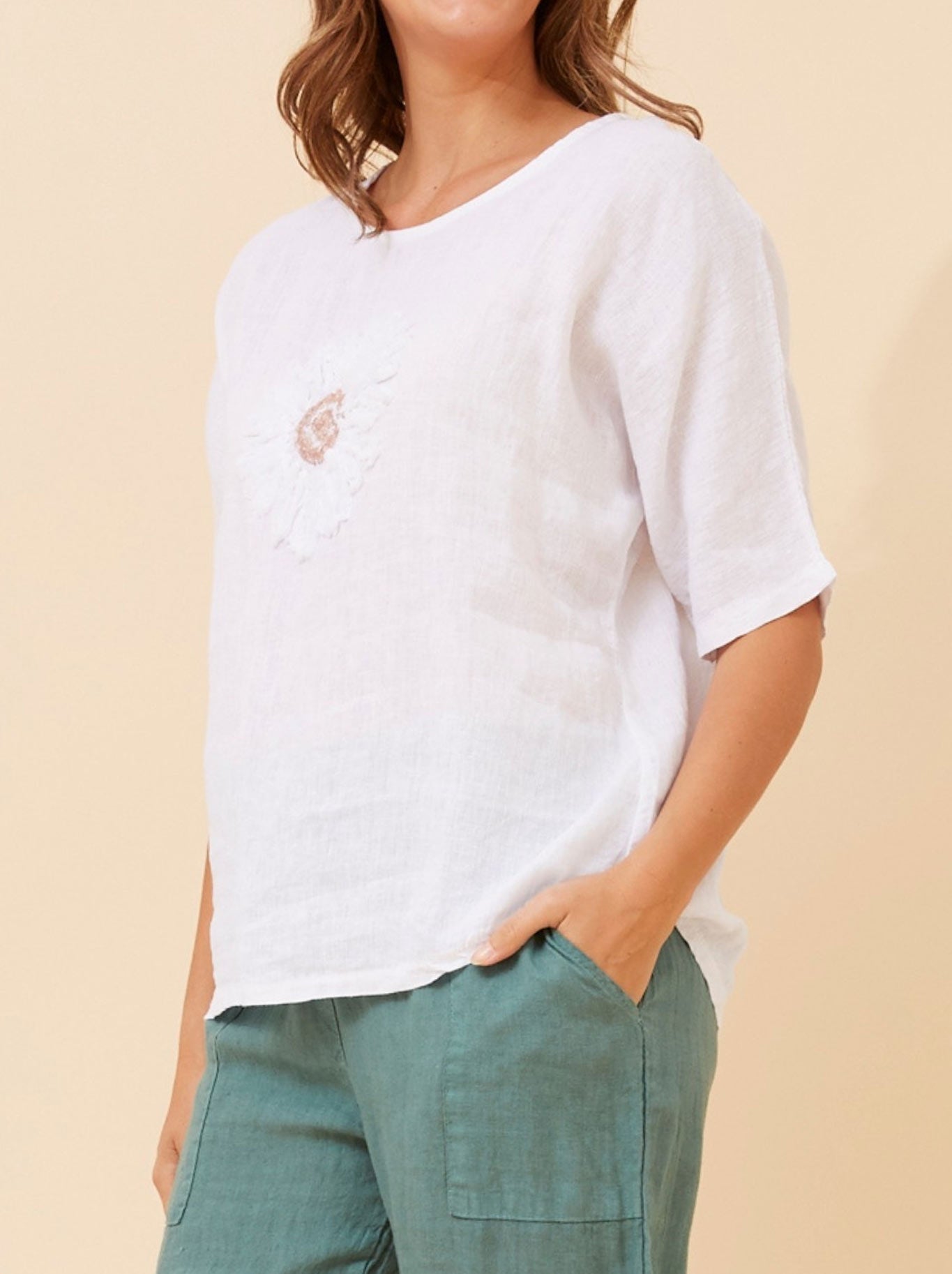 BOTTEGA MODA FLORAL LINEN PATCHWORK TOP