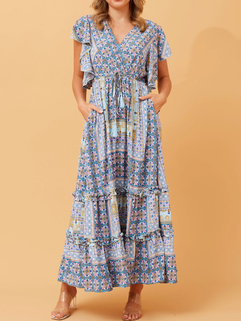 CAROLINE K MORGAN FRILL SLEEVE BOHO MAXI DRESS