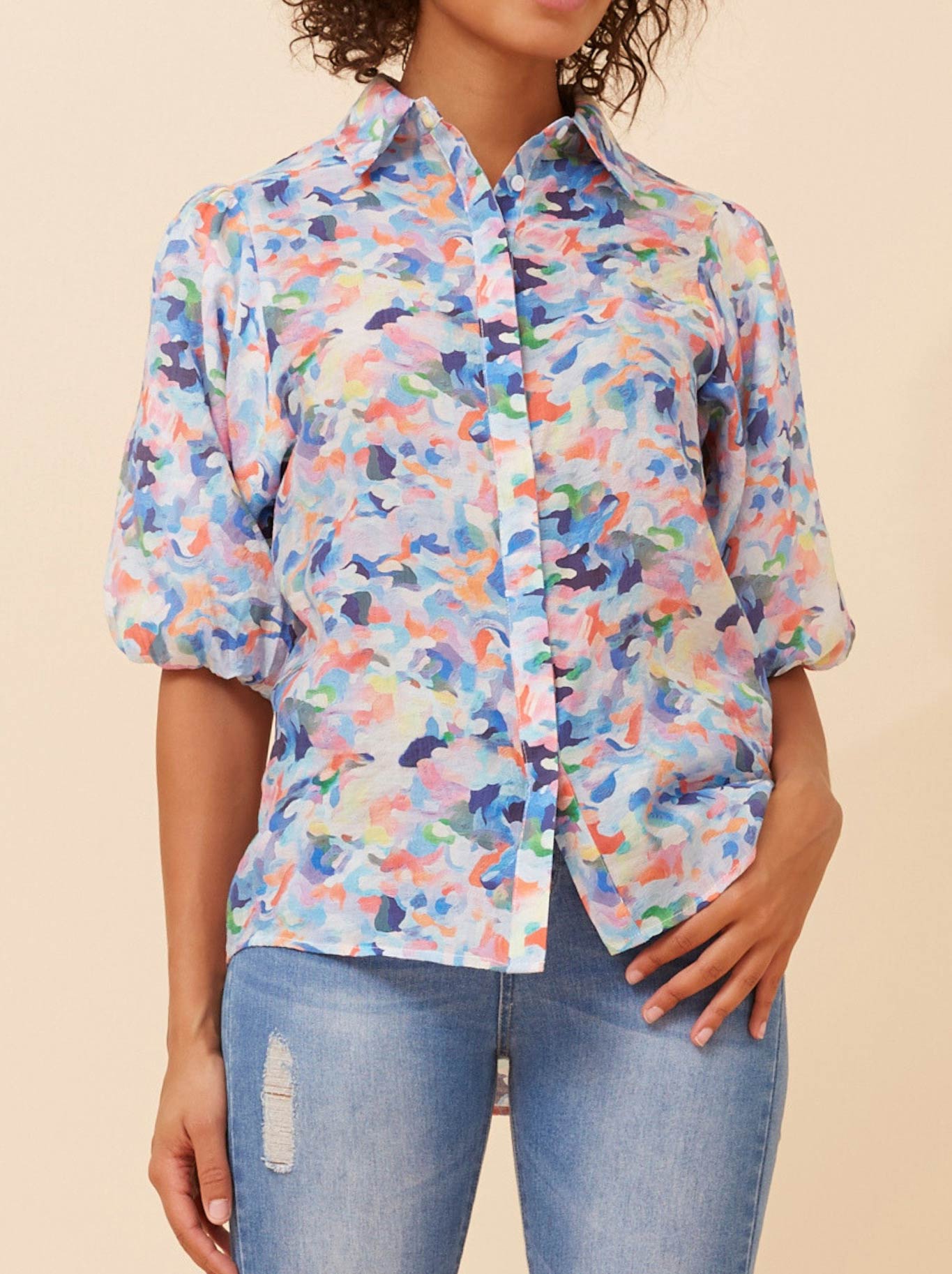 CAROLINE K MORGAN PRINTED PUFF SLEEVE BLOUSE