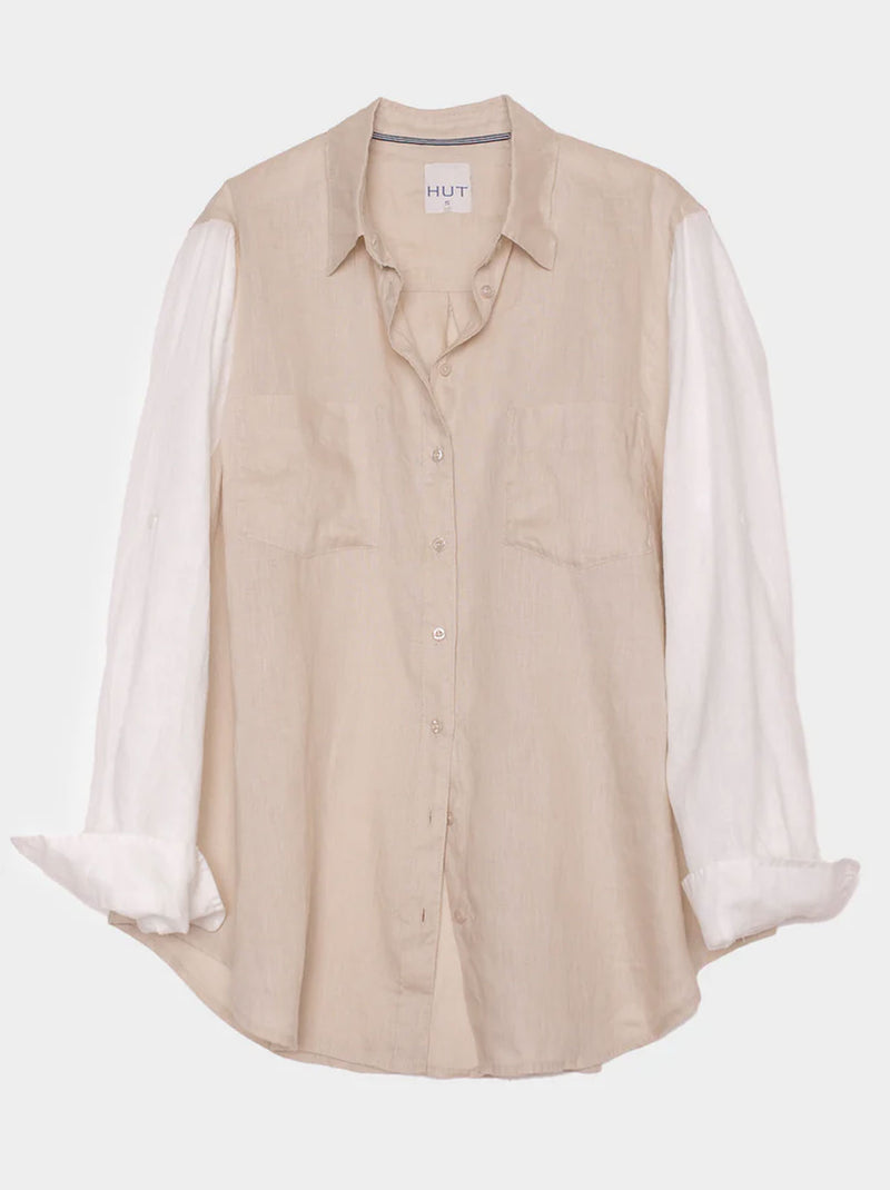 HUT CONTRAST SLEEVE LINEN SHIRT