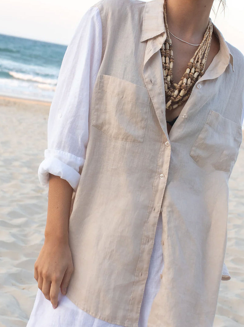 HUT CONTRAST SLEEVE LINEN SHIRT