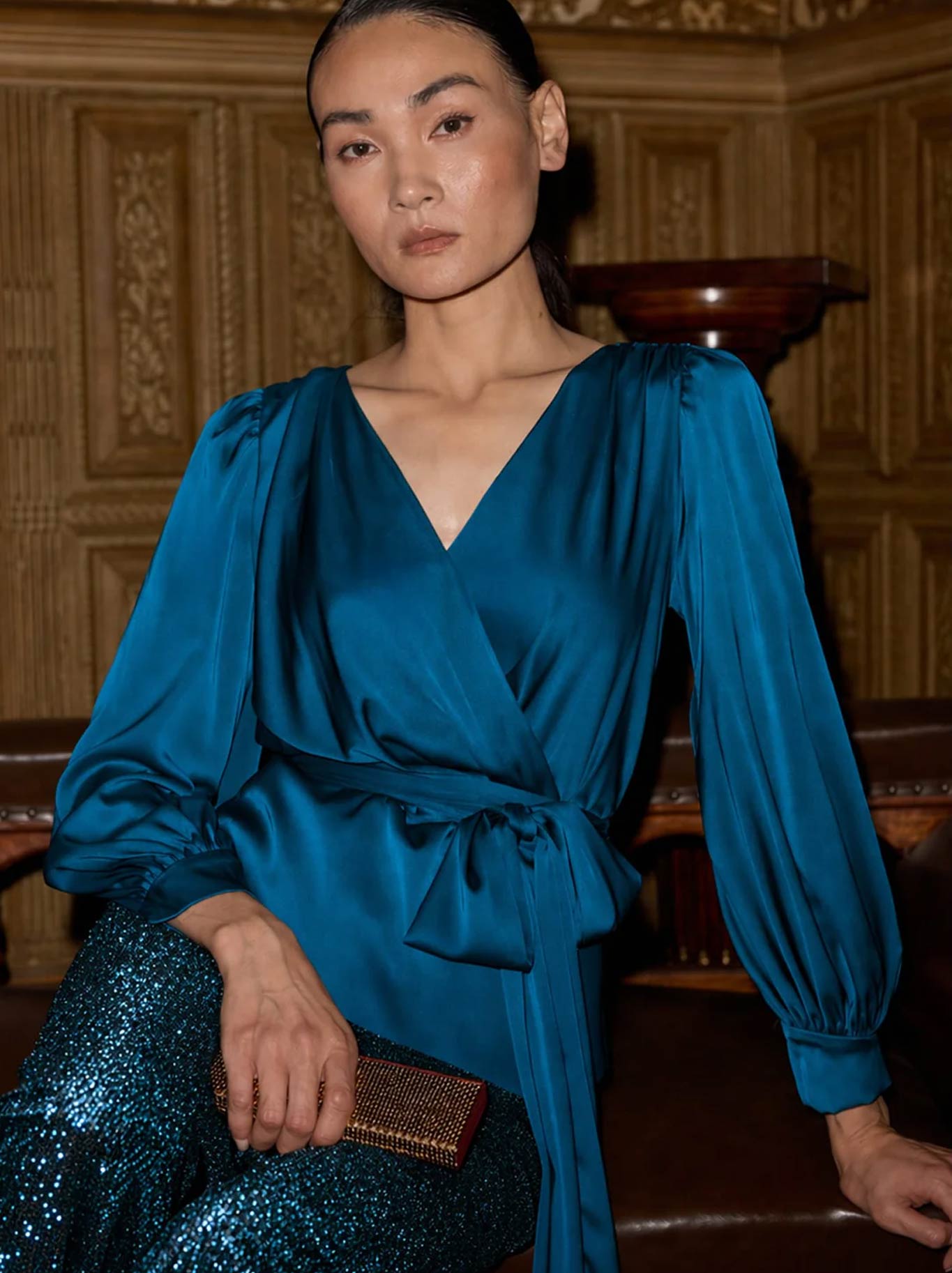SACHA DRAKE SATIN FAUX WRAP TOP