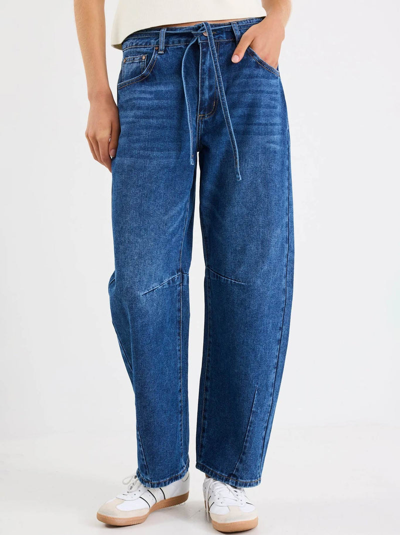 STORIES BE TOLD CAMPUS TIE WAIST BARREL JEAN
