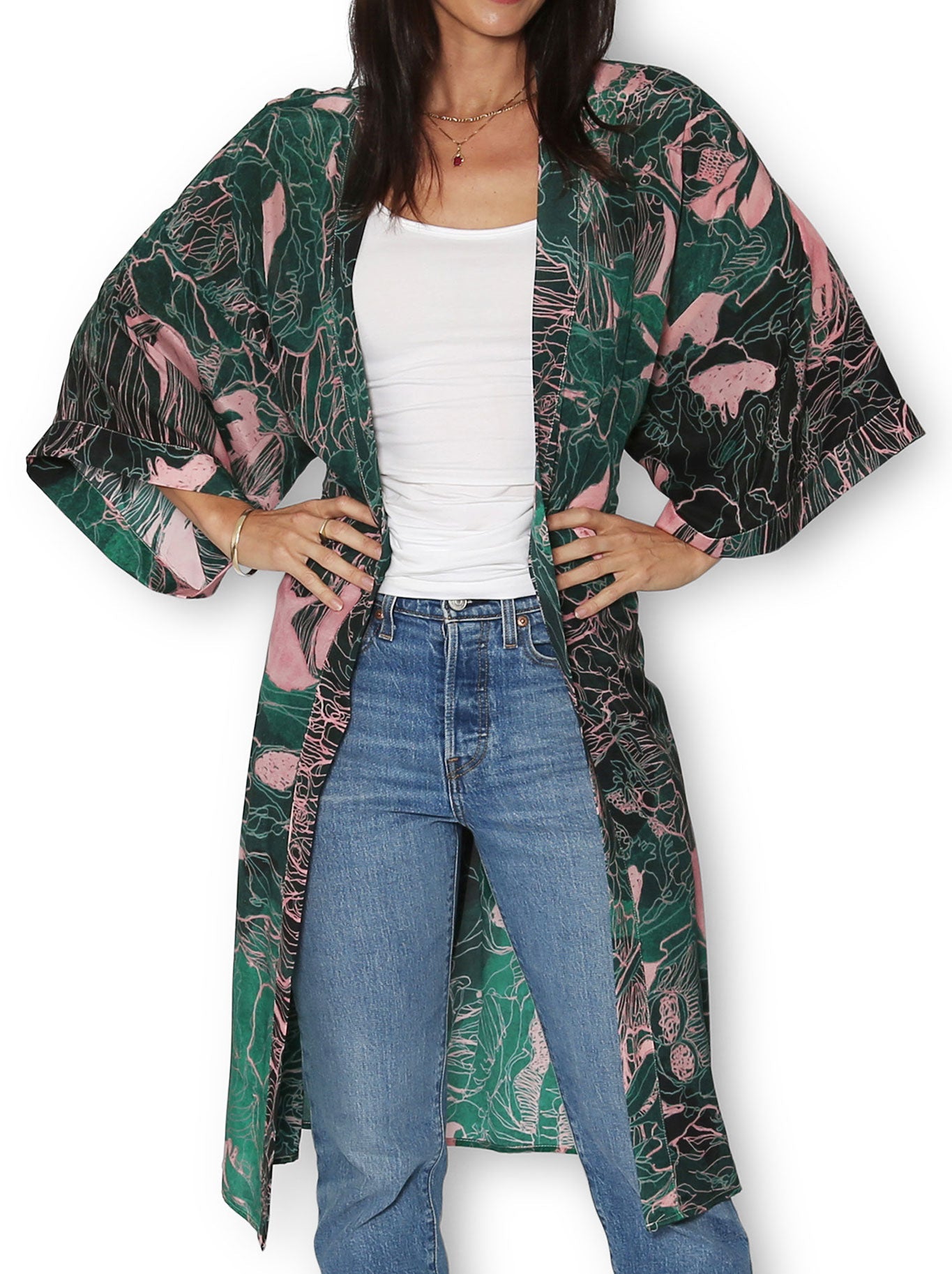 THE ARTISTS LABEL TWILIGHT FOREST LONG SILK KIMONO