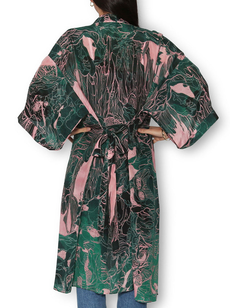 THE ARTISTS LABEL TWILIGHT FOREST LONG SILK KIMONO