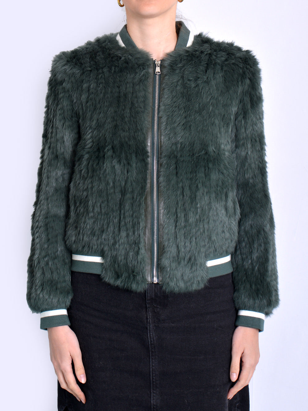 Green fur bomber store jacket