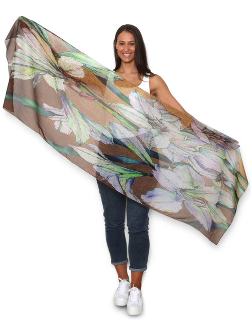 THE ARTISTS LABEL WHITE AMARYLISES SILK CHIFFON SCARF
